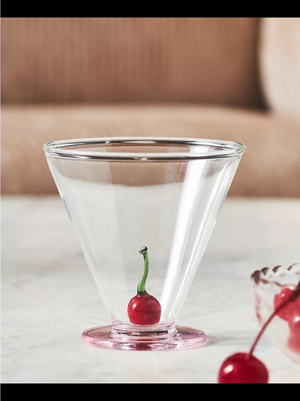 Anthropologie Stemless Martini Glass. Cherry Accent.